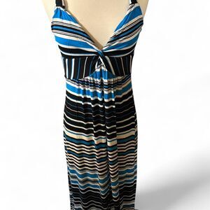 Y2K Era Spense brand blue black and white striped sleeveless maxi dress